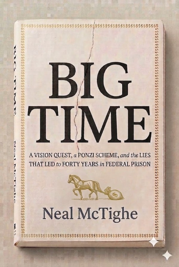 Cover of Big Time by Neal McTighe: cracked cream book jacket with a horse pulling a money bag